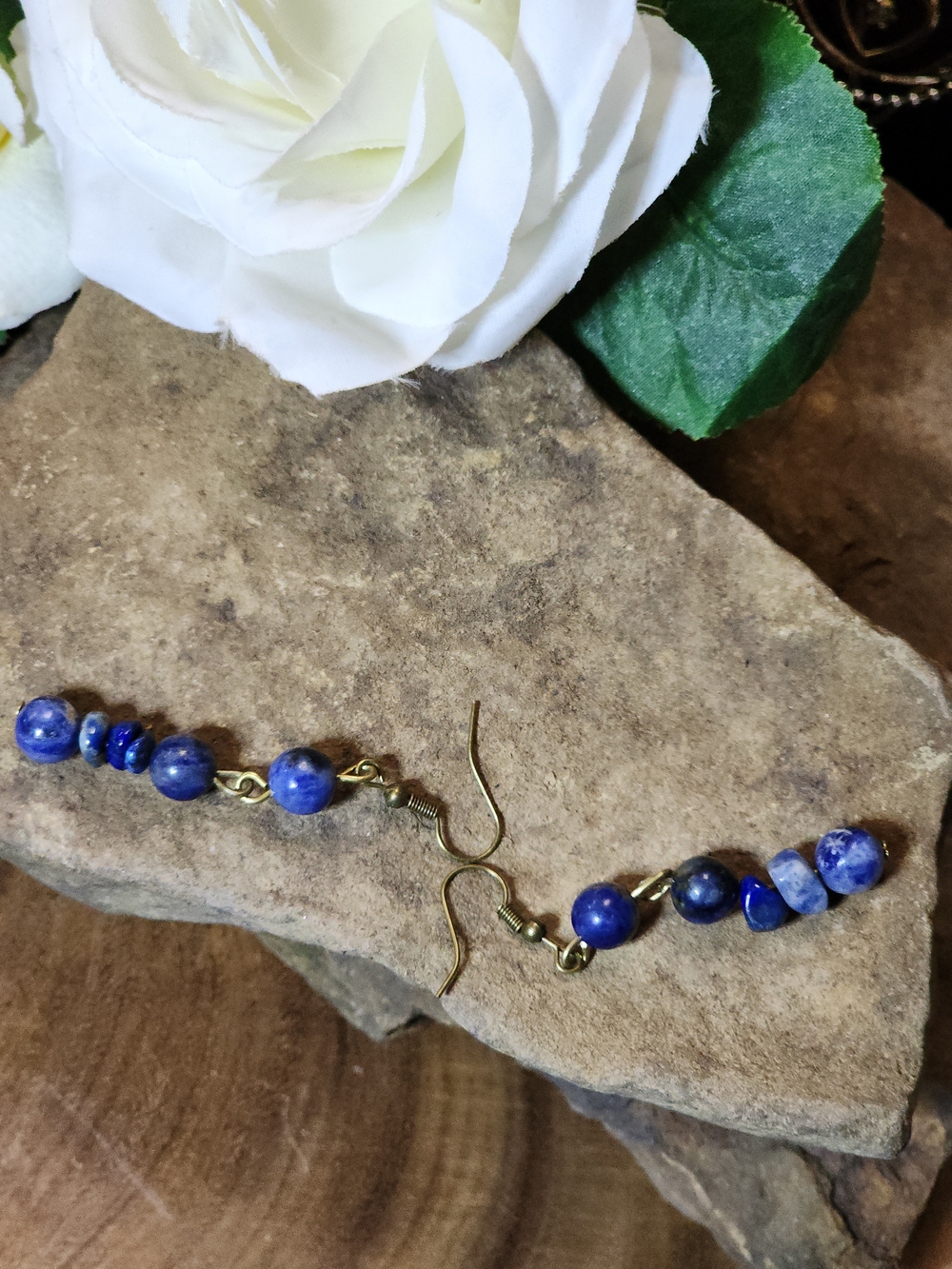 Dangle Earrings With Blue Lapis Stone Chips And Sodalite Beads
